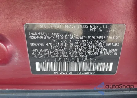 2011 Subaru Forester 2.5X Premium из США, поврежденный, VIN JF2SHADC2BH725357